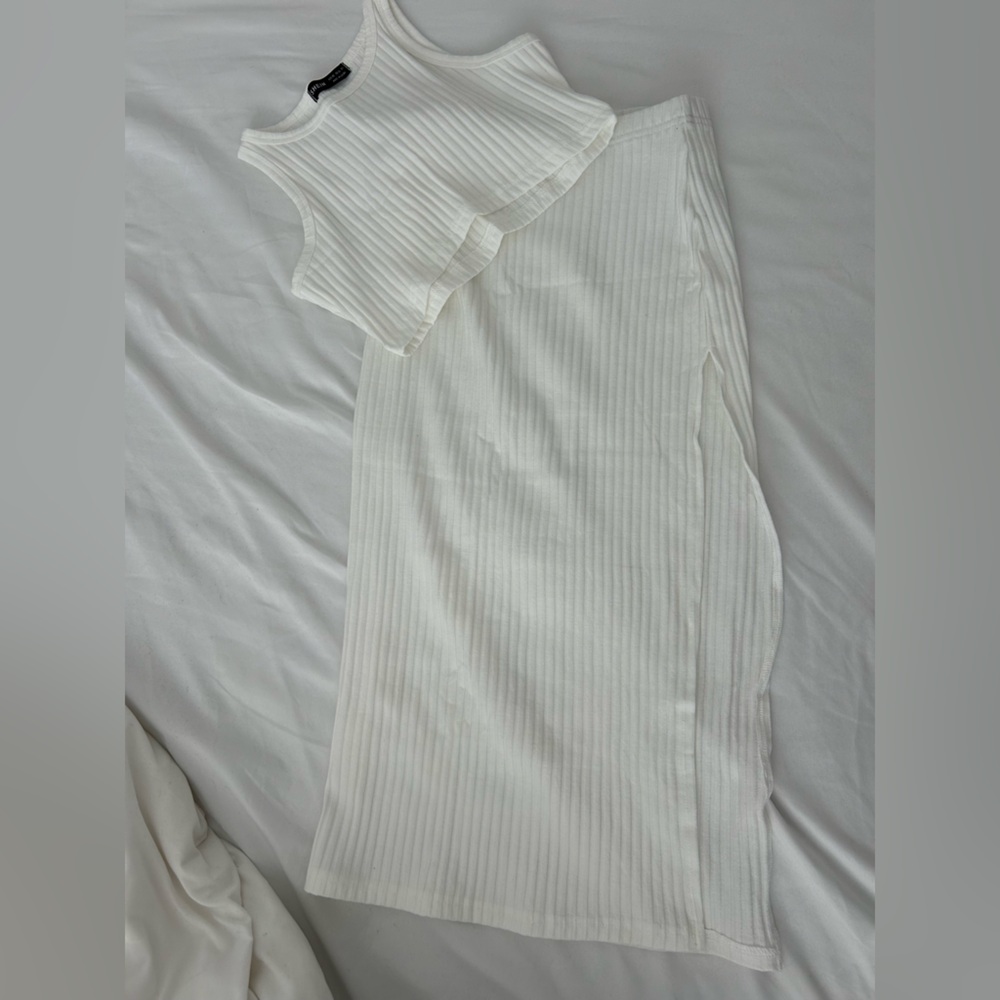 SHEIN Matching White Ribbed Crop Top and Skirt